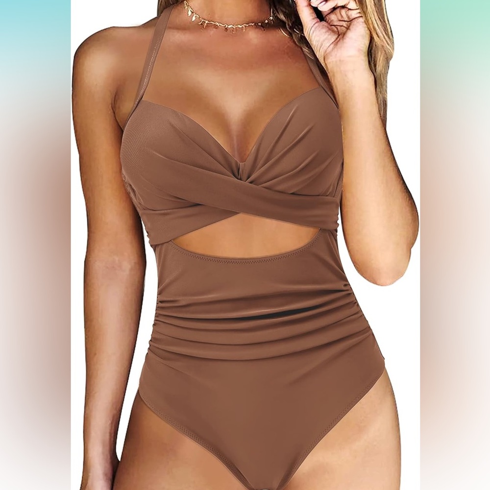Brown Halter One-Piece Swimsuit Size large